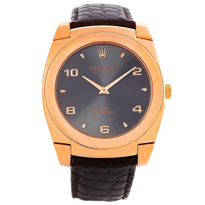 This Rolex Cellini 5330 Men's Rose Gold Grey Dial 5330 Men's Rose Gold Grey Dial watch is shown from the front, highlighting the face, dial, bezel, crown, and leather strap.