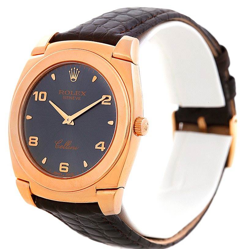 This image shows the front and partial side view of a Rolex Cellini 5330 Men's Rose Gold Grey Dial 5330 Men's Rose Gold Grey Dial watch with a brown leather strap and gold casing.