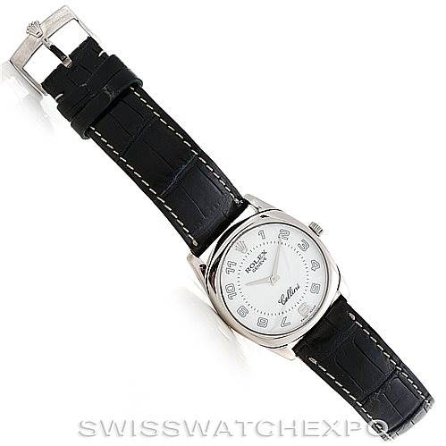 This image shows a top view of a Rolex Cellini 4233 Men's White Gold White Dial 4233 Men's White Gold White Dial watch, highlighting the face and black leather strap with a buckle.
