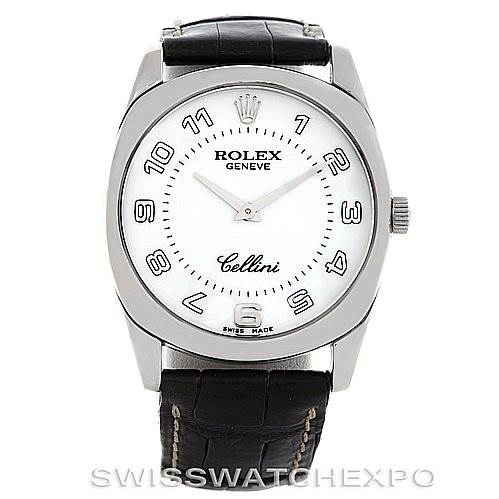 This Rolex Cellini 4233 Men's White Gold White Dial 4233 Men's White Gold White Dial watch is shown from the front, displaying its dial, hands, crown, and strap.
