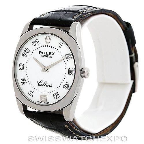 The Rolex Cellini 4233 Men's White Gold White Dial 4233 Men's White Gold White Dial watch is shown from a front angle, displaying the face and part of the black leather strap.