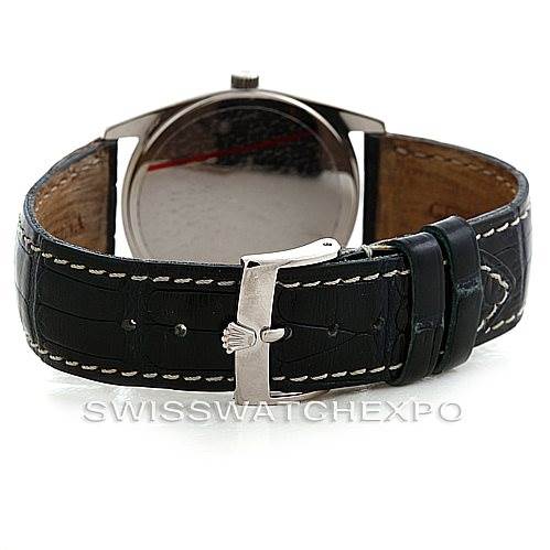 The image shows the back of a Rolex Cellini 4233 Men's White Gold White Dial 4233 Men's White Gold White Dial watch, focusing on the leather strap and clasp.