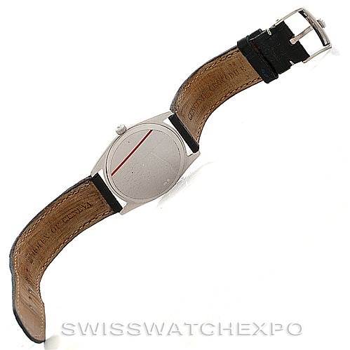 The image shows the back view of a Rolex Cellini 4233 Men's White Gold White Dial 4233 Men's White Gold White Dial watch, displaying the case back and the inside of the leather strap.