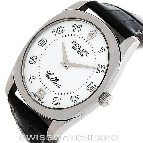 This image shows a Rolex Cellini 4233 Men's White Gold White Dial 4233 Men's White Gold White Dial watch at a slight angle, displaying its white dial, Arabic numerals, crown, and leather strap.