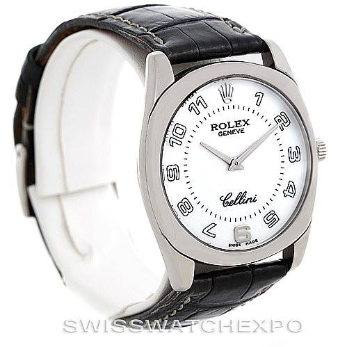 The image shows a front and slight side view of a Rolex Cellini 4233 Men's White Gold White Dial 4233 Men's White Gold White Dial watch, highlighting its face, black leather strap, and silver casing.