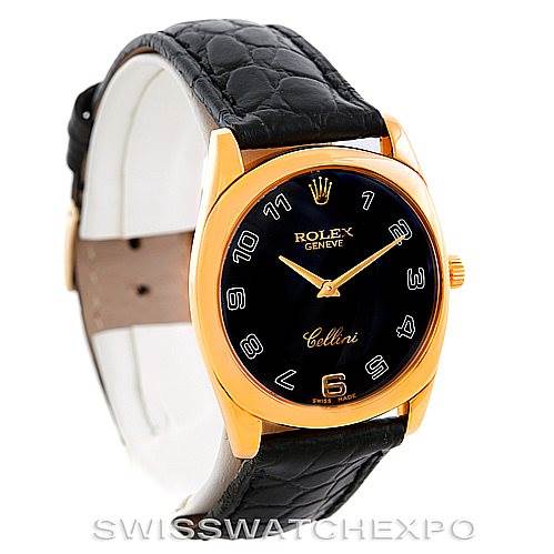 The image shows a front view of a Rolex Cellini 4233 Men's Yellow Gold Black Dial 4233 Men's Yellow Gold Black Dial watch, highlighting its black dial, gold case, and leather strap.