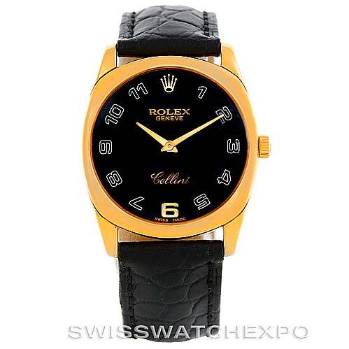 This Rolex Cellini 4233 Men's Yellow Gold Black Dial 4233 Men's Yellow Gold Black Dial model watch is shown from a front angle, displaying its black dial, gold case, and black leather strap.
