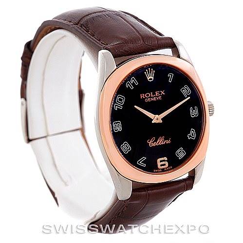 The image shows a Rolex Cellini 4233 Men's White Gold Black Dial 4233 Men's White Gold Black Dial watch angled from the front-left, displaying its black dial, rose gold bezel, and brown leather strap.