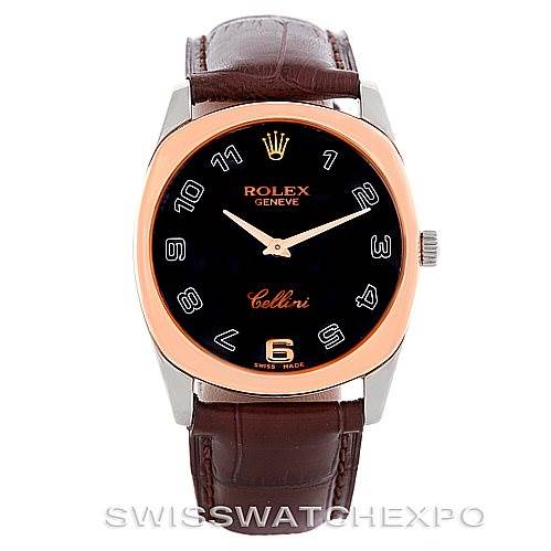 This image shows a front view of a Rolex Cellini 4233 Men's White Gold Black Dial 4233 Men's White Gold Black Dial watch highlighting the black dial, gold bezel, and brown leather strap.