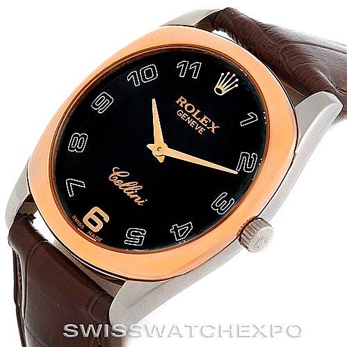 The image shows the dial, crown, and part of the strap of a Rolex Cellini 4233 Men's White Gold Black Dial 4233 Men's White Gold Black Dial watch from a front-angled view.