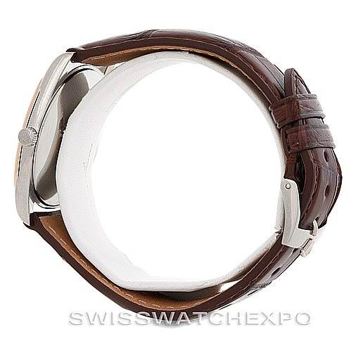 This image shows a side view of a Rolex Cellini 4233 Men's White Gold Black Dial 4233 Men's White Gold Black Dial watch highlighting the brown leather strap and buckle.