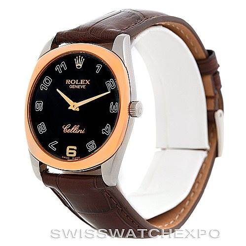 The Rolex Cellini 4233 Men's White Gold Black Dial 4233 Men's White Gold Black Dial watch is shown at a slight angle, highlighting its black dial, gold hands, and brown leather strap.