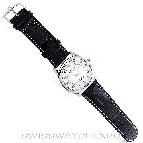 This image shows a top-down view of a Rolex Cellini 4233 Men's White Gold White Dial 4233 Men's White Gold White Dial watch with a black leather strap and a silver dial.