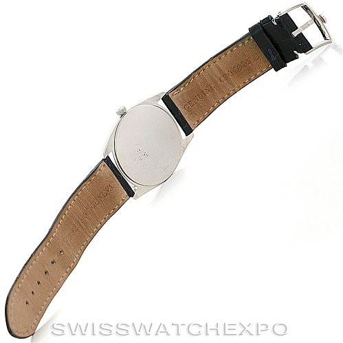 The image displays the back view of the Rolex Cellini 4233 Men's White Gold White Dial 4233 Men's White Gold White Dial watch, showing the leather strap and the case back.