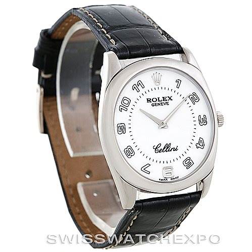 This image shows a Rolex Cellini 4233 Men's White Gold White Dial 4233 Men's White Gold White Dial watch at a three-quarter angle, highlighting its white dial, hour markers, and black leather strap.