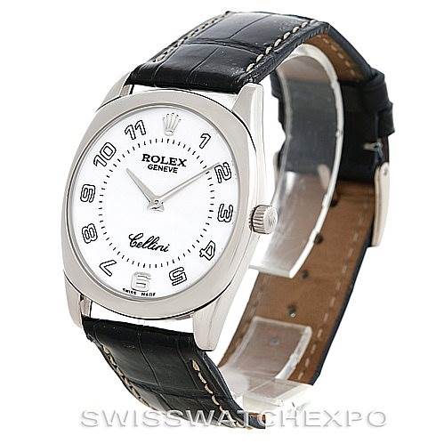 The image shows a Rolex Cellini 4233 Men's White Gold White Dial 4233 Men's White Gold White Dial watch from an angled front view, displaying the dial, crown, and black leather strap with contrast stitching.