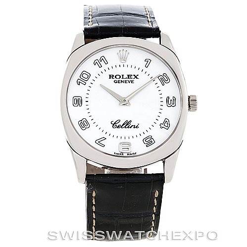 This image shows a front view of a Rolex Cellini 4233 Men's White Gold White Dial 4233 Men's White Gold White Dial watch, displaying its face, crown, and leather strap.