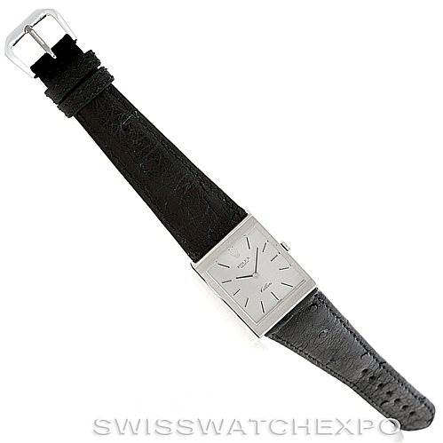 The Rolex Cellini 4014 Men
s White Gold Silver Dial 4014 Men
s White Gold Silver Dial watch is shown from a top-down angle, displaying the full face and leather strap.