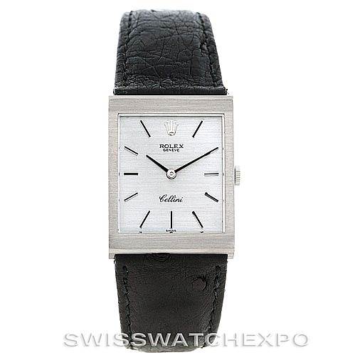 The image shows a front view of the Rolex Cellini 4014 Men
s White Gold Silver Dial 4014 Men
s White Gold Silver Dial watch with a rectangular silver case and a black leather strap.
