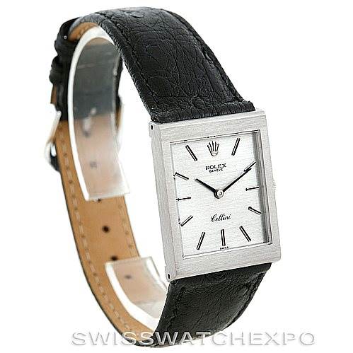 The image shows a Rolex Cellini 4014 Men
s White Gold Silver Dial 4014 Men
s White Gold Silver Dial watch angled to display the square face and black leather strap.