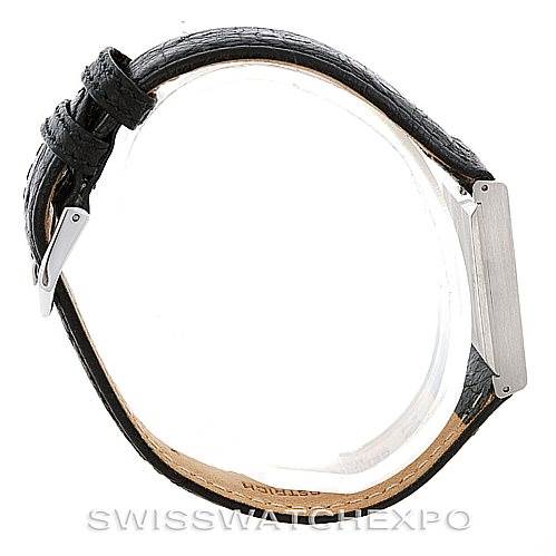 This image shows a side view of the Rolex Cellini 4014 Men
s White Gold Silver Dial 4014 Men
s White Gold Silver Dial watch, featuring its leather strap and clasp.