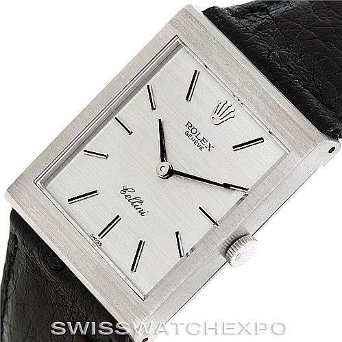 This image displays a close-up, angled view of the Rolex Cellini 4014 Men
s White Gold Silver Dial 4014 Men
s White Gold Silver Dial watch, highlighting the dial and crown, with part of the leather strap visible.