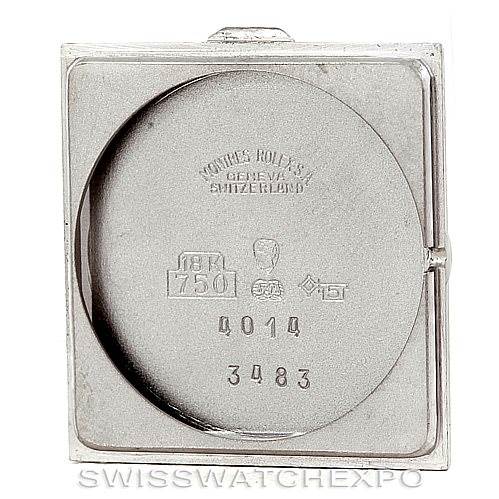 This image shows the inner case back of a Rolex Cellini 4014 Men
s White Gold Silver Dial 4014 Men
s White Gold Silver Dial model watch, highlighting its engravings and hallmarks.