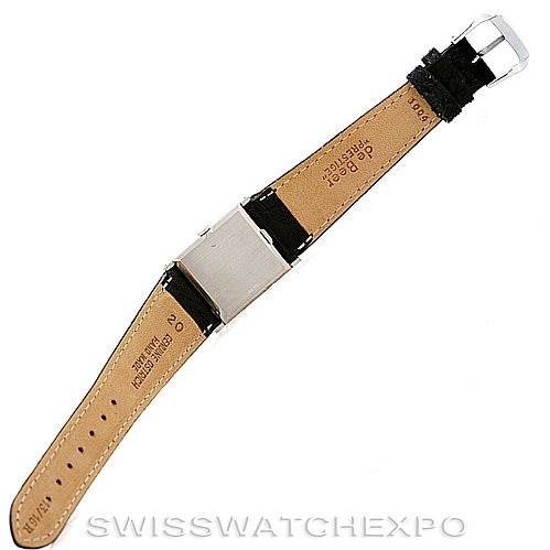 The image shows the underside of a Rolex Cellini 4014 Men
s White Gold Silver Dial 4014 Men
s White Gold Silver Dial watch strap, displaying the buckle, leather material, and brand markings.