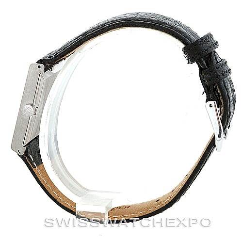 The image shows a side view of a Rolex Cellini 4014 Men
s White Gold Silver Dial 4014 Men
s White Gold Silver Dial watch focusing on its black leather strap and clasp.