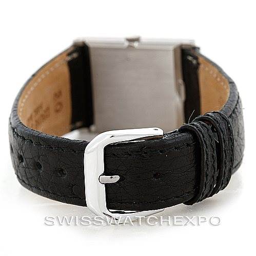 The image shows the rear side of a Rolex Cellini 4014 Men
s White Gold Silver Dial 4014 Men
s White Gold Silver Dial watch, focusing on the black leather strap with a silver buckle.