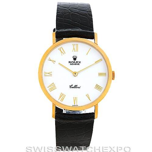 This Rolex Cellini 4112 Men's Yellow Gold White Dial 4112 Men's Yellow Gold White Dial watch is shown from the front, highlighting its white dial, gold case, Roman numerals, and black leather strap.