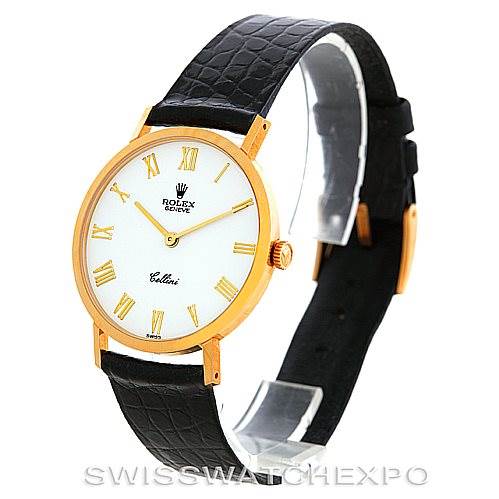 The image shows a Rolex Cellini 4112 Men's Yellow Gold White Dial 4112 Men's Yellow Gold White Dial watch angled from the front and left side, displaying its face, gold casing, and black leather strap.