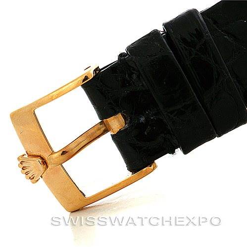 This image shows a close-up of the buckle and strap of a Rolex Cellini 4112 Men's Yellow Gold White Dial 4112 Men's Yellow Gold White Dial watch.