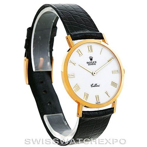 The image shows a Rolex Cellini 4112 Men's Yellow Gold White Dial 4112 Men's Yellow Gold White Dial watch at a slight angle, highlighting its black strap and gold round case with a white dial.