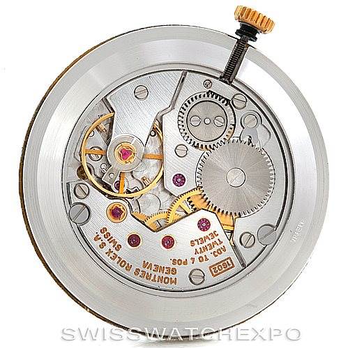 This image shows the internal movement mechanism of a Rolex Cellini 4112 Men's Yellow Gold White Dial 4112 Men's Yellow Gold White Dial watch from a top-down angle.
