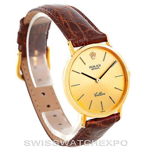 The image shows a Rolex Cellini 4112 Men's Yellow Gold Champagne Dial 4112 Men's Yellow Gold Champagne Dial watch at a slight side angle, highlighting its gold face and brown leather strap.