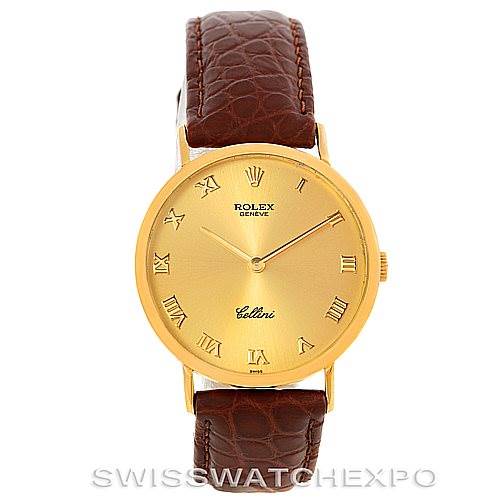 This image shows a full frontal view of a Rolex Cellini 4112 Men's Yellow Gold Champagne Dial 4112 Men's Yellow Gold Champagne Dial watch with a golden dial and brown leather strap.