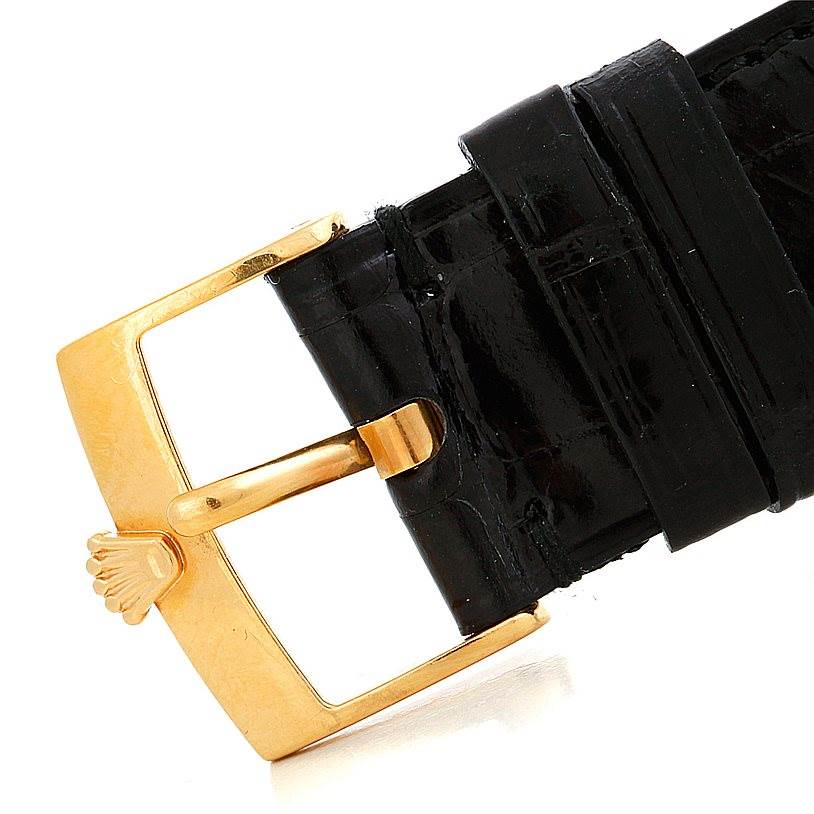 The image shows a close-up of the gold buckle and black leather strap of a Rolex Cellini 4233 Men's Yellow Gold White Dial 4233 Men's Yellow Gold White Dial watch.