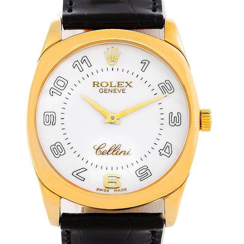 This is a front view of a Rolex Cellini 4233 Men's Yellow Gold White Dial 4233 Men's Yellow Gold White Dial watch, showing the face, crown, and part of the strap.