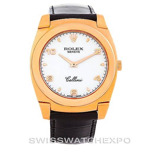 The image shows the front view of the Rolex Cellini 5330 Men's Rose Gold White Dial 5330 Men's Rose Gold White Dial watch, featuring its face, dial, and black leather strap.