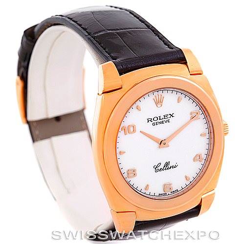 This is a Rolex Cellini 5330 Men's Rose Gold White Dial 5330 Men's Rose Gold White Dial watch shown from a front angle, featuring a black leather strap, rose gold case, and white dial.