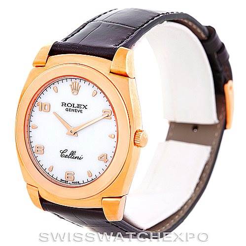This image shows a Rolex Cellini 5330 Men's Rose Gold White Dial 5330 Men's Rose Gold White Dial watch from a front angle, displaying its face, case, crown, and leather strap.