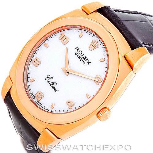 The image shows a close-up of the face and case of a Rolex Cellini 5330 Men's Rose Gold White Dial 5330 Men's Rose Gold White Dial watch, highlighting its gold finish and black leather strap.