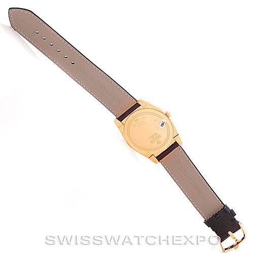 The image shows the back view of a Rolex Cellini 5330 Men's Rose Gold White Dial 5330 Men's Rose Gold White Dial watch, displaying the leather strap and the case back.