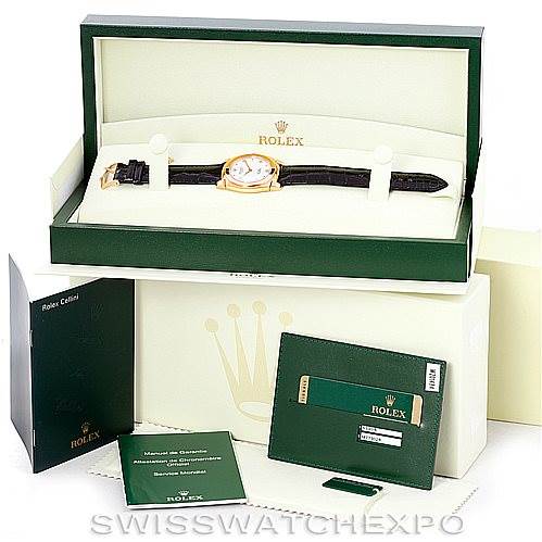 The image shows a Rolex Cellini 5330 Men's Rose Gold White Dial 5330 Men's Rose Gold White Dial watch in an open box with accompanying documents and accessories, viewed from above.