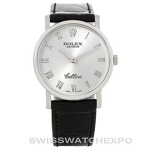 The image shows a front view of a Rolex Cellini 5115 Men's White Gold Silver Dial 5115 Men's White Gold Silver Dial watch, displaying its face, Roman numerals, and black leather strap.