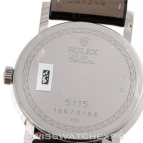This image shows the back of a Rolex Cellini 5115 Men's White Gold Silver Dial 5115 Men's White Gold Silver Dial watch, featuring the model number, branding, and part of the leather strap.