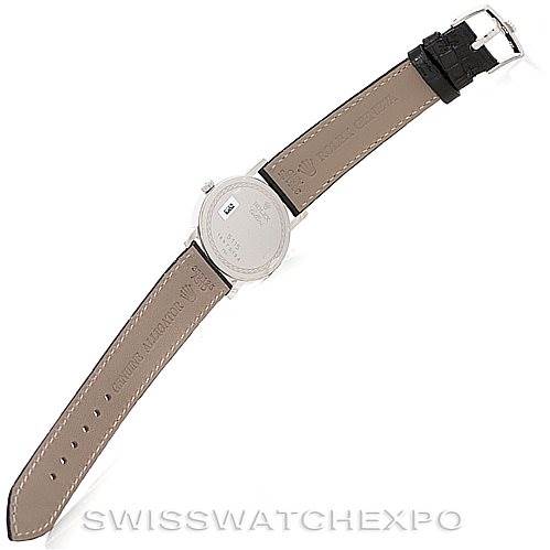 This image shows the back side of the Rolex Cellini 5115 Men's White Gold Silver Dial 5115 Men's White Gold Silver Dial watch, including the case back and leather strap, laid flat and fully extended.