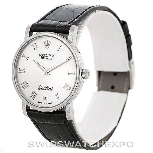 The image shows a front and slightly angled view of the Rolex Cellini 5115 Men's White Gold Silver Dial 5115 Men's White Gold Silver Dial watch, highlighting the face, strap, and casing.