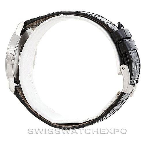 The image shows a side view of a Rolex Cellini 5115 Men's White Gold Silver Dial 5115 Men's White Gold Silver Dial watch, highlighting the case, leather strap, and buckle.